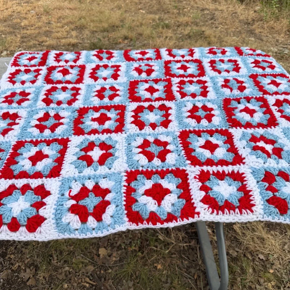 Handmade Crochet Granny Square Blanket Red White Blue Throw 39x33 Cottagecore